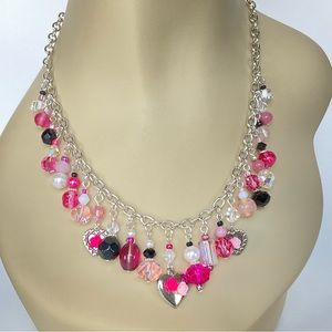 Multi Charm Necklace, Handmade, Floral, Hearts, Rainbow Aura, Crystals, Pearls